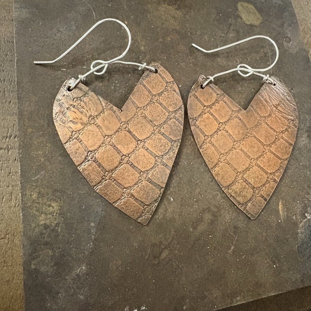 Large Heart Earrings Solid Copper Embossed